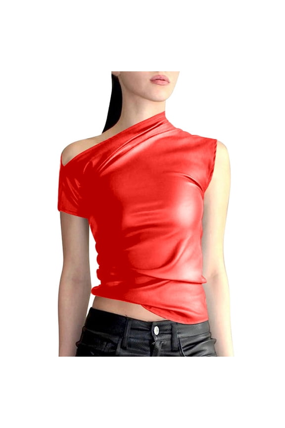 Women's Slim Fit Off Shoulder Leather Top Summer Streetwear Fashion Shirt Women’s Casual Ribbed Knit Tank Tops