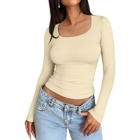 DuoJiaJ Women’s Slim Tops Long Sleeve Round Neck Crop Top Basic Solid Tight Slim Fit Cropped Tops Basic Slim Fit T Shirts Workout Tank Tops Beige XS