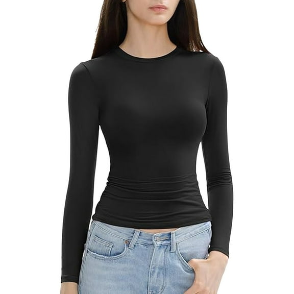 DuoJiaJ Women’s Slim Tops Long Sleeve Round Neck Crop Top Tee Shirt Basic Solid Tight Slim Fit Cropped Shirt Workout Yoga Cropped Tops for Women Black S