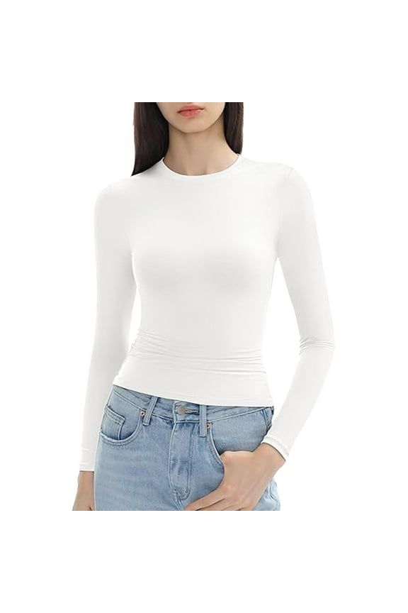 Women’s Slim Tops Long Sleeve Round Neck Crop Top Tee Shirt Basic Solid Tight Slim Fit Cropped Shirt Workout Yoga Cropped Tops for Women White S