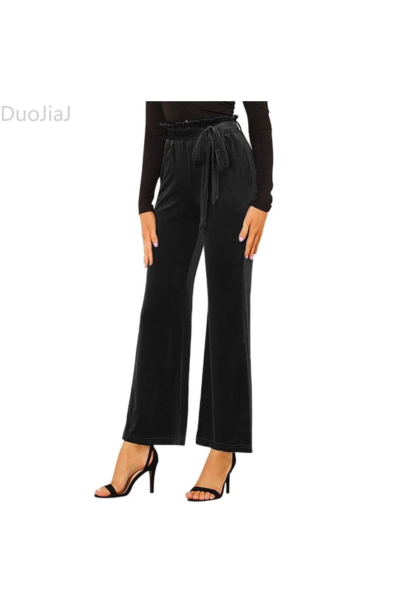 Women's Solid Color Autumn And Winter Suede Belt Pocket Straight Leg Wide Leg Temperament Elegant Commuting Casual Pants Women's Lounge Pants Black M