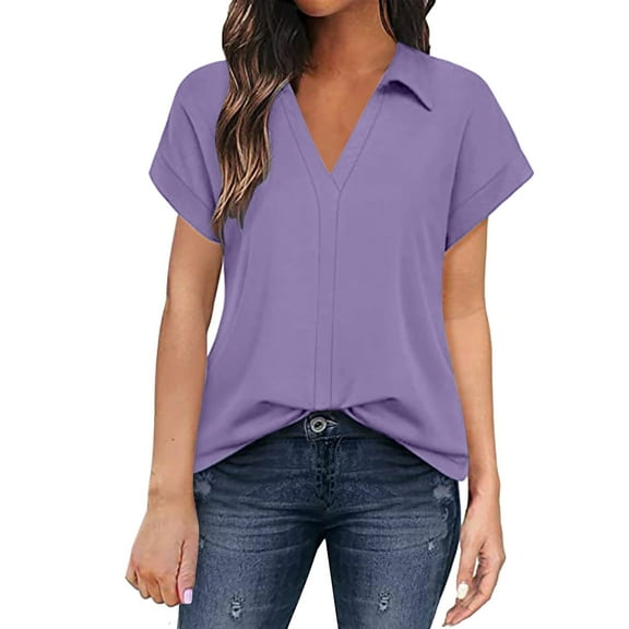 DuoJiaJ Women's Solid Color Business Casual Short Sleeve Shirt Women's Work Shirts Purple L