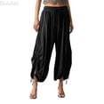 thumbnail image 1 of DuoJiaJ Women's Solid Color Casual Loose Elastic Waist Drawstring Harem Casual Pants Women's Wide Leg Pants Black L, 1 of 5