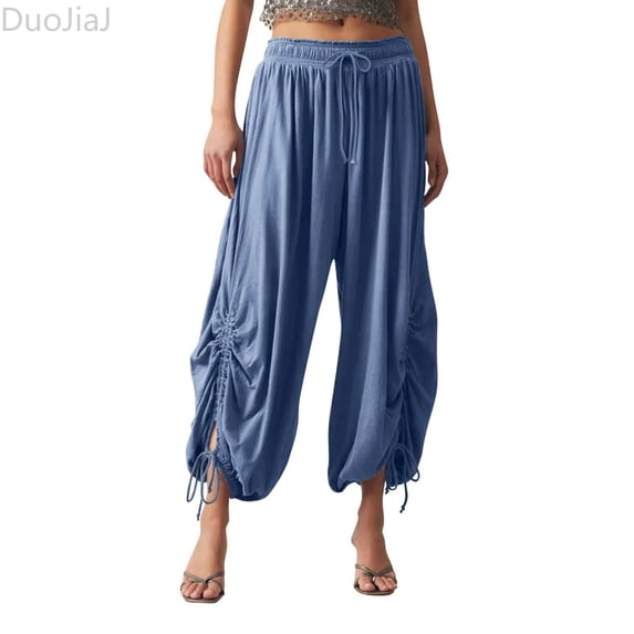 DuoJiaJ Women's Solid Color Casual Loose Elastic Waist Drawstring Harem Casual Pants Women's Wide Leg Pants Blue M