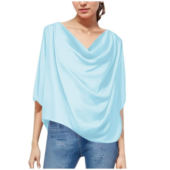 DuoJiaJ Women's Solid Color Chiffon Blouse Loose V Neck Casual Pullover Tee Top Women’s Casual Tops Blue