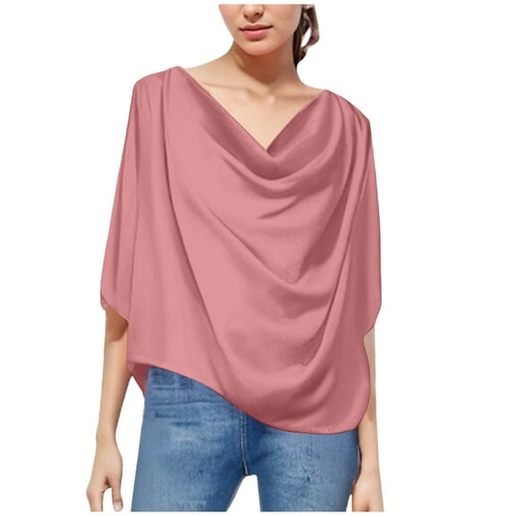 DuoJiaJ Women's Solid Color Chiffon Blouse Loose V Neck Casual Pullover Tee Top Women’s Casual Tops Pink