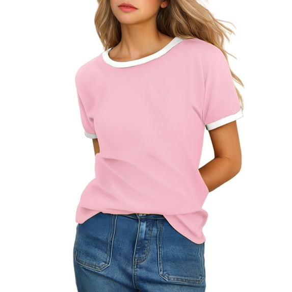 DuoJiaJ Women's Solid Color Crew Neck Short Sleeve T Shirt With Contrast Trim Women’s Casual Tops Pink