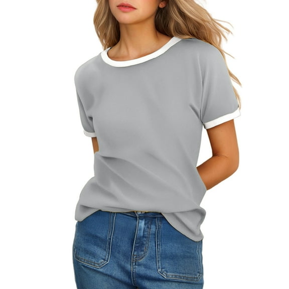 DuoJiaJ Women's Solid Color Crew Neck Short Sleeve T Shirt With Contrast Trim Women’s Summer Tops Gray
