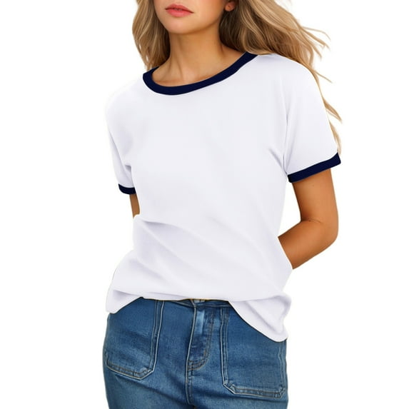 DuoJiaJ Women's Solid Color Crew Neck Short Sleeve T Shirt With Contrast Trim Women’s Summer Tops White