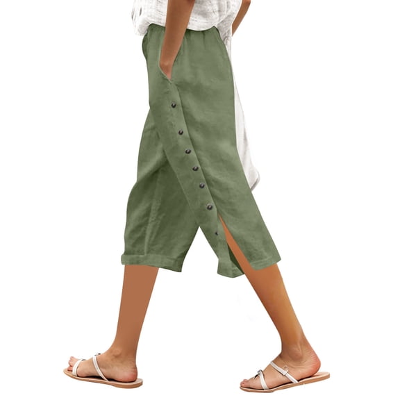 DuoJiaJ Women’s Solid Color Elastic Waist Loose Fit Side Button Functional Three Quarter Casual Pants Wide Leg Casual Pants Women