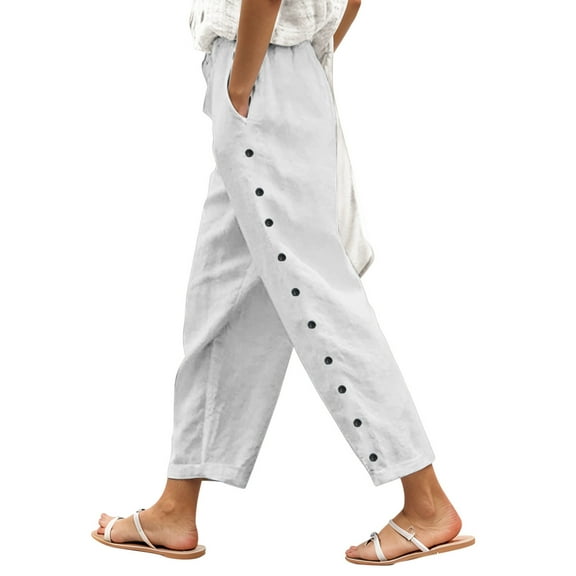 DuoJiaJ Women's Solid Color Elastic Waist Loose Side Buckle Decoration With Pockets At The Back Versatile Cropped Casual Pants Lightweight Casual Pants Women
