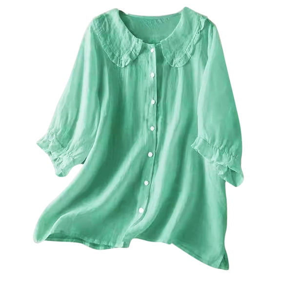 DuoJiaJ Women's Solid Color Ethnic Style Button Up Medium Sleeved Linen Shirt Top Women's Shirts Green XXXL