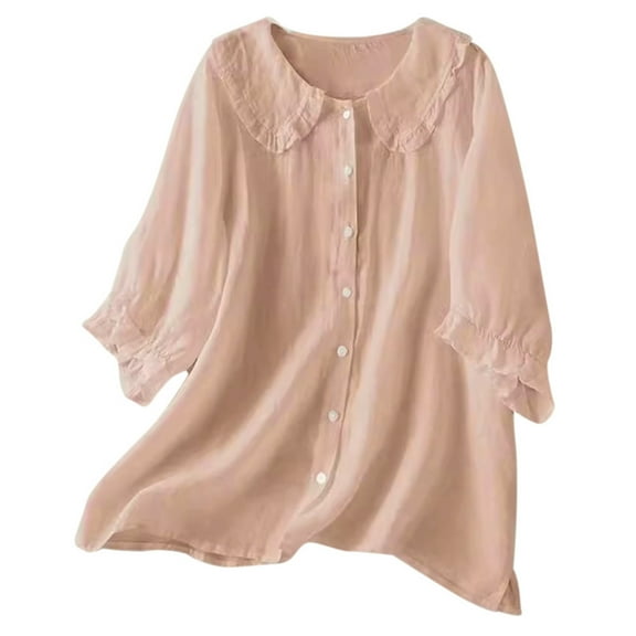 DuoJiaJ Women's Solid Color Ethnic Style Button Up Medium Sleeved Linen Shirt Top Women's Shirts Red XXL