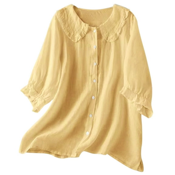 DuoJiaJ Women's Solid Color Ethnic Style Button Up Medium Sleeved Linen Shirt Top Women's Shirts Yellow XXL