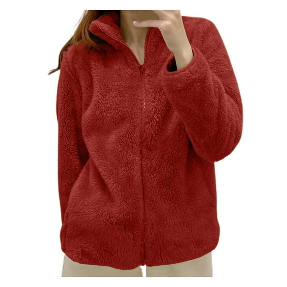 DuoJiaJ Women's Solid Color Fleece Jacket Collar Zip Up Cozy Outerwear Womens Winter Coat Plus Size Red L
