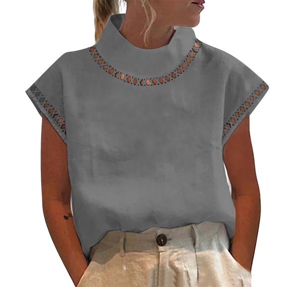 DuoJiaJ Women's Solid Color Hollow Out High Collar Cotton Linen Lace Breathable Casual Top Cropped Tops for Women Gray XXL