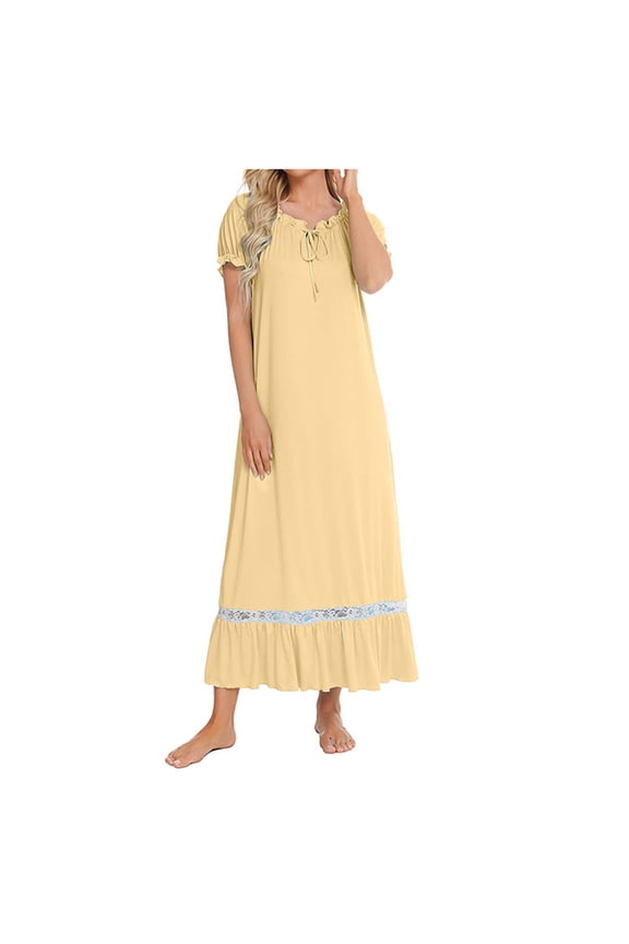 Women's Solid Color Lace Splice Short Sleeve Nightgown Cute Comfortable Sleepwear Home Dress Women's Pajama Shorts Set Yellow