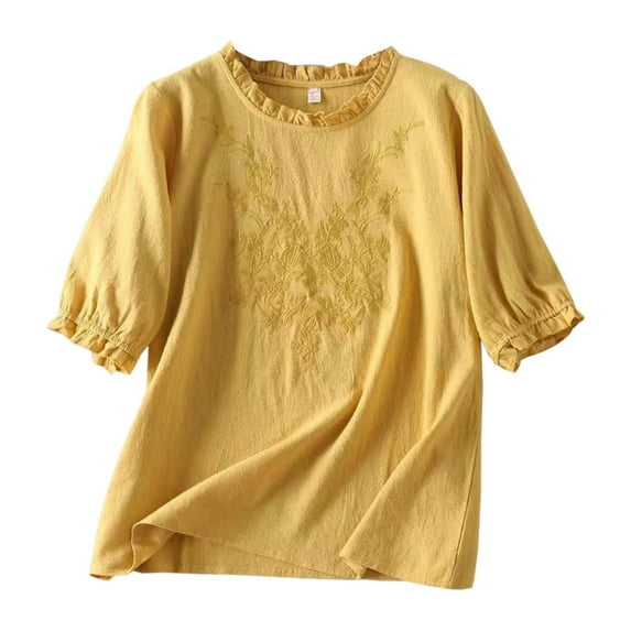 DuoJiaJ Women's Solid Color Linen Casual Half Sleeve T Shirt Bohemian Embroidered Ruffle Sleeves Top For Belly Women’s Ribbed Knit Crop Tops Yellow