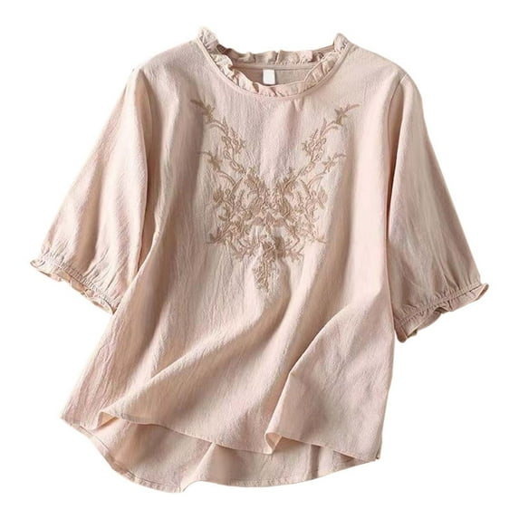 DuoJiaJ Women's Solid Color Linen Casual Half Sleeve T Shirt Bohemian Embroidered Ruffle Sleeves Top For Belly Women’s Ribbed Knit Crop Tops Yellow