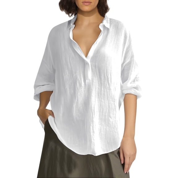 DuoJiaJ Women's Solid Color Loose Long Sleeve Linen V Neck Casual Shirt Blouse Women's Button Down Shirts White XL