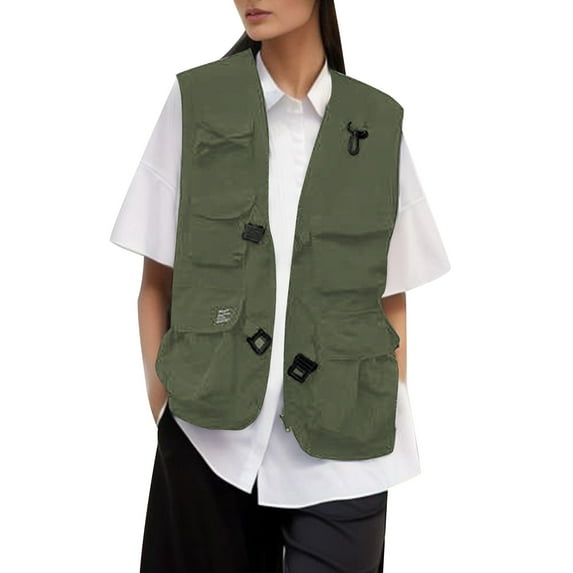 DuoJiaJ Women's Solid Color Multi pocket Functional Vest Loose Fit Outdoor Sleeveless Jacket Womens Lightweight Winter Coat Green XL