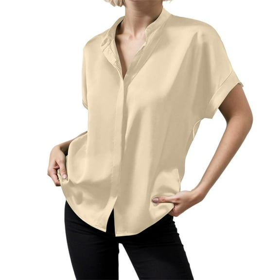 DuoJiaJ Women's Solid Color Satin Short Sleeved Shoulder Collar Short Sleeved Shirt Women's Oversized Shirts Beige XL