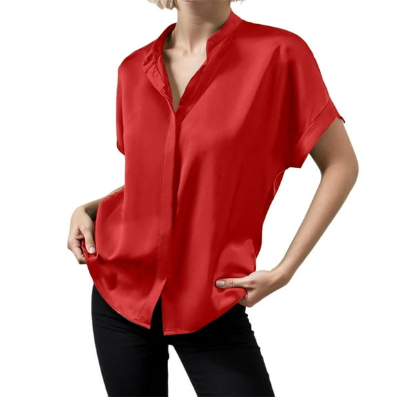 DuoJiaJ Women's Solid Color Satin Short Sleeved Shoulder Collar Short Sleeved Shirt Women's Oversized Shirts Red L