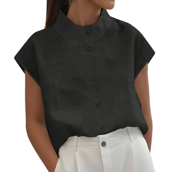 DuoJiaJ Women's Solid Color Summer Button Pullover Slim Fit Sleeveless Stand Shirt Top Vest Casual V-Neck Tops Black XL