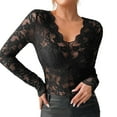 thumbnail image 1 of DuoJiaJ Women's Solid Color V Neck Layer Lace T Shirt Top Women’s Ribbed Knit Crop Tops Black, 1 of 5