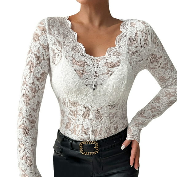 DuoJiaJ Women's Solid Color V Neck Layer Lace T Shirt Top Women’s Ribbed Knit Crop Tops White