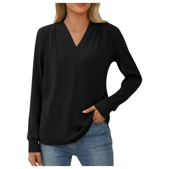 DuoJiaJ Women's Solid Color V Neck Long Sleeve Blouse With Ruffled Shoulder Casual Stylish Fall Winter Top Women’s Ribbed Knit Crop Tops Black