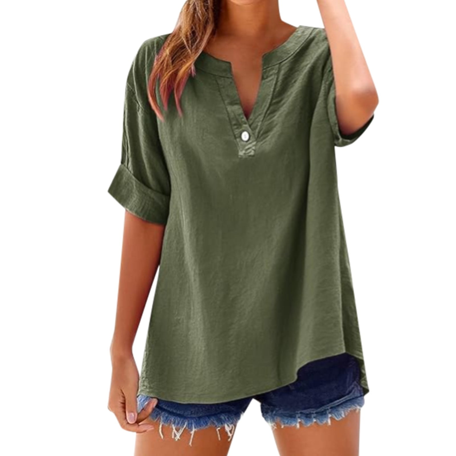DuoJiaJ Women's Solid Color V Neck Short Sleeve Linen Blend Blouse ...