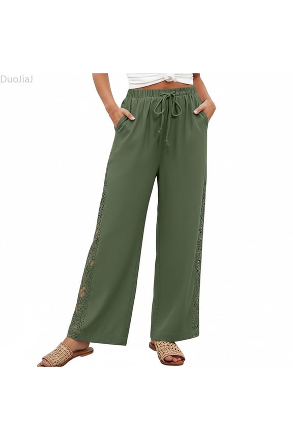 Women's Solid Color Wide Leg High Waist Patchwork Elastic Waist Relaxed Casual Summer Beach Resort Casual Pants Women's Lounge Pants Green XL