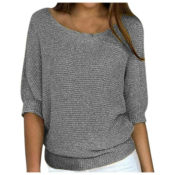DuoJiaJ Women's Solid Crewneck Knit Top Elegant 3/4 Sleeve Blouse For & AC Rooms Women’s Blouses Gray