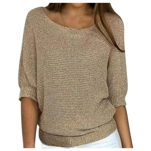 DuoJiaJ Women's Solid Crewneck Knit Top Elegant 3/4 Sleeve Blouse For & AC Rooms Women’s Blouses Yellow