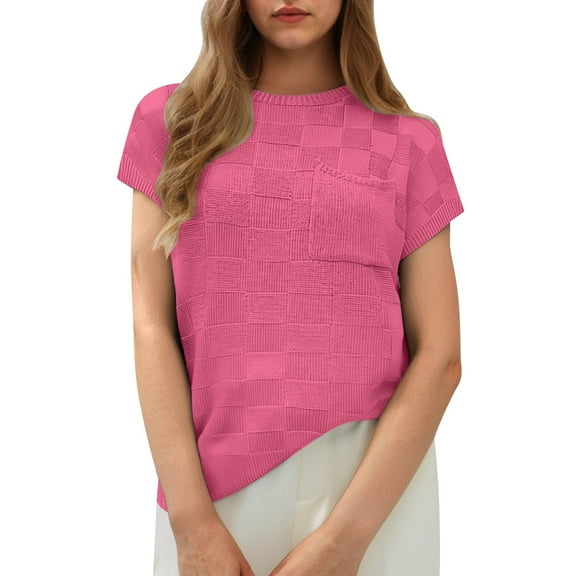 DuoJiaJ Women's Solid Round Neck Short Sleeve Knitted Cardigan With Plaid Splicing European And Casual Style Women’s High-Neck Workout Tops Red