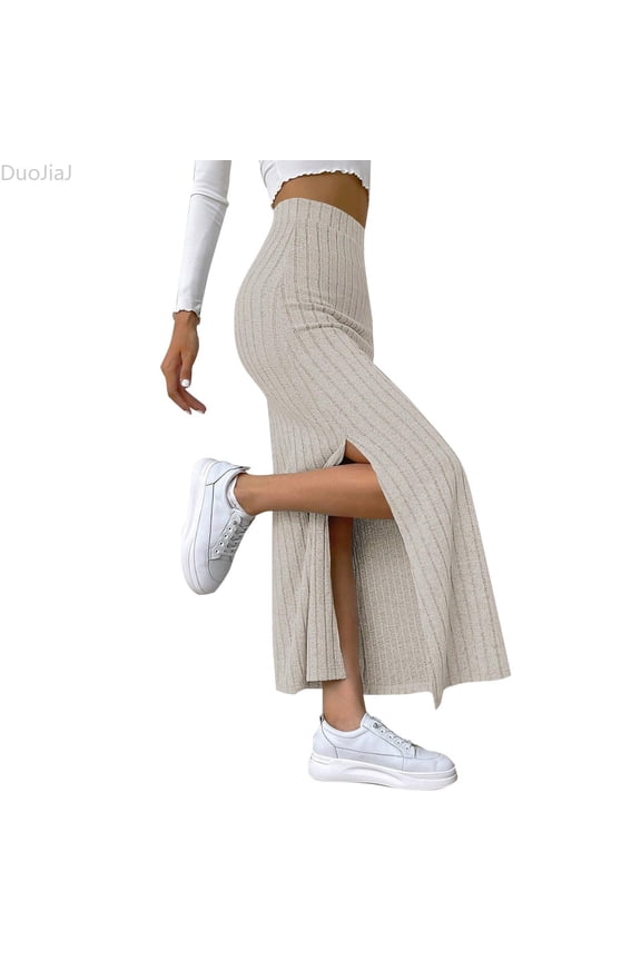 Women's Split Ribbed Knit Bodycon Maxi Skirt High Waisted Side Slit Pencil Long Skirts Summer Trendy 2026 Beige M