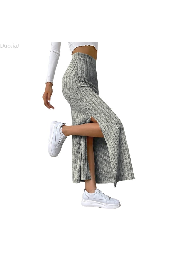 Women's Split Ribbed Knit Bodycon Maxi Skirt High Waisted Side Slit Pencil Long Skirts Summer Trendy 2026 Gray M