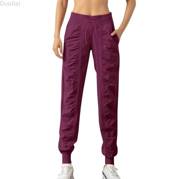 DuoJiaJ Women's Sports Loose Running Yoga Fitness Pocket Casual Nine Bound Leg Pants Women's Wide Leg Pants Red S