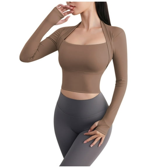 DuoJiaJ Women's Sports Wear With Breast Pad Long Sleeve Yoga Wear (extended Version) Women’s Athletic Racerback Tank Tops Brown