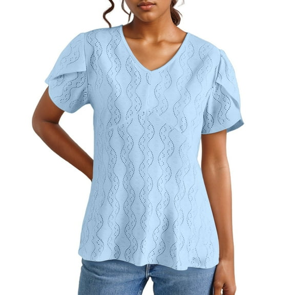 DuoJiaJ Women's Spring Summer Solid Color V Neck Short Sleeve Casual T Shirt Top Women’s Lace Trim Casual Blouses Blue