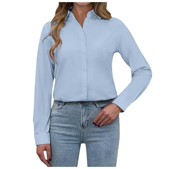 DuoJiaJ Women's Stain Shield Dress Shirts Long Sleeve Shirts Solid Work Business Button Down Shirts Women's Blouses Blue L