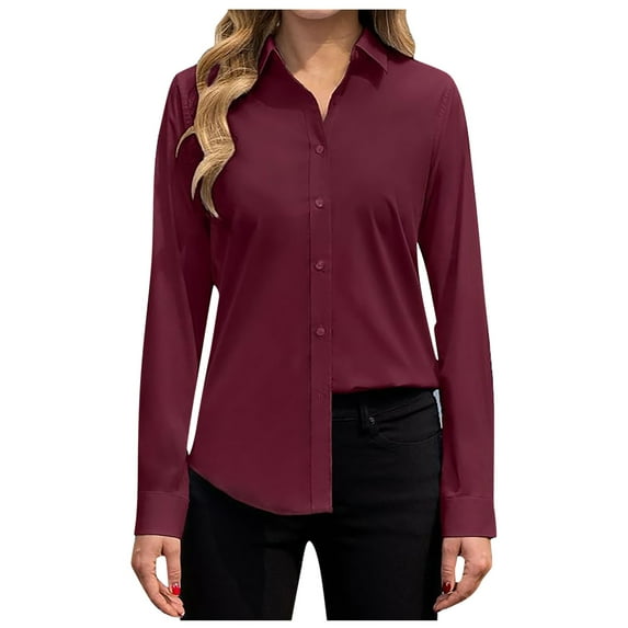 DuoJiaJ Women's Stain Shield Dress Shirts Long Sleeve Shirts Solid Work Business Button Down Shirts Women's Blouses Red S