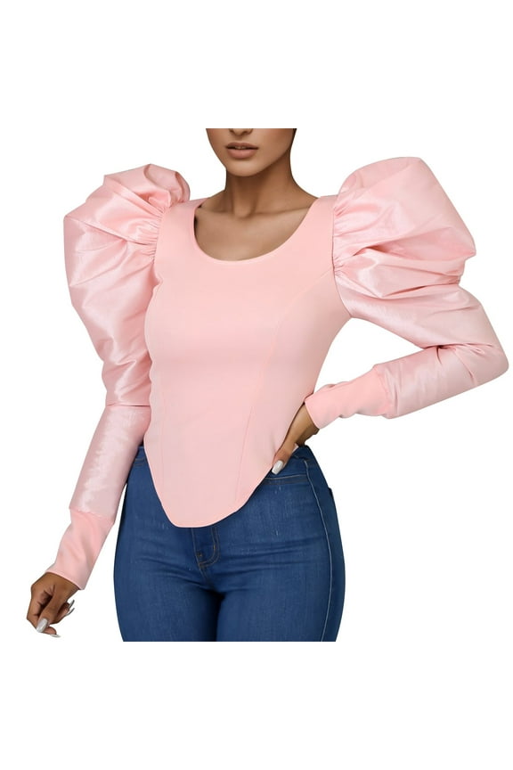 Women's Stylish And Unique Slim Fit Long Sleeve Bubble Sleeve Undershirt Short Top Women’s Long Sleeve Shirts Pink