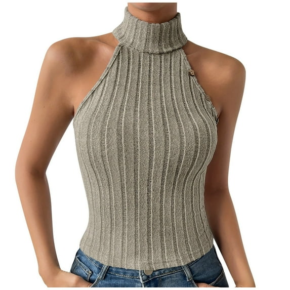 DuoJiaJ Women's Stylish Casual High Neck Solid Color Strip Sleeveless Vest Workout Tank Tops Women