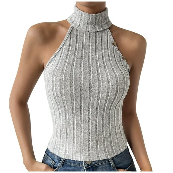 DuoJiaJ Women's Stylish Casual High Neck Solid Color Strip Sleeveless Vest Workout Tank Tops Women