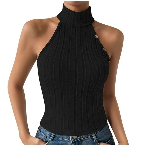 DuoJiaJ Women's Stylish Casual High Neck Solid Color Strip Sleeveless Vest Workout Tank Tops Women