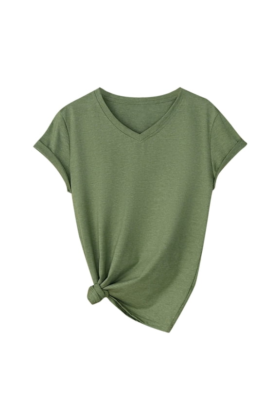 Women's Stylish Solid Color Top Loose V Neck T Shirt Cropped Tops for Women Green M