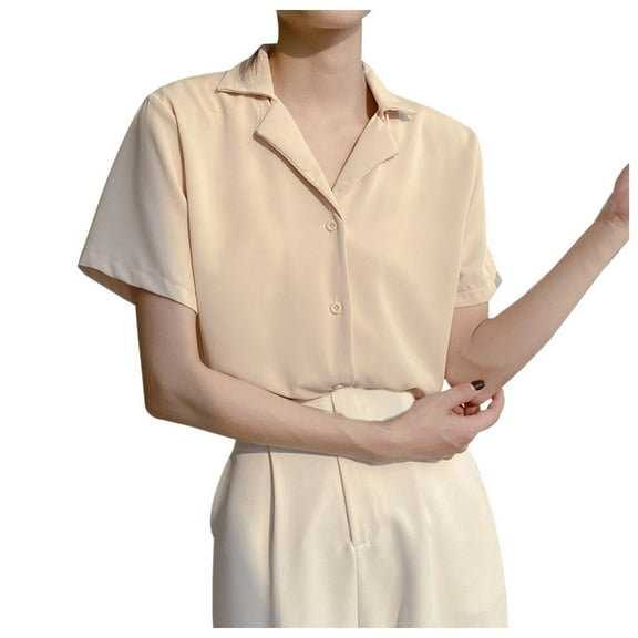 DuoJiaJ Women's Summer Casual Chiffon Tops Summer Chiffon Short Sleeve Blouse V Neck Button Down Lapel Shirt Tops Women's Oversized Shirts Beige XXL