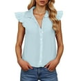 thumbnail image 1 of DuoJiaJ Women's Summer Casual Fashion Lapel Button Solid Color Lace Sleeve Lined Short Sleeve V Neck Shirt Women's Short Sleeve Shirts Blue M, 1 of 5